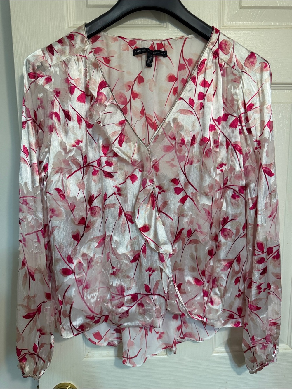White House Black Marke Cream Blouse with Pink Botanical Print and Ruffle V-Neck